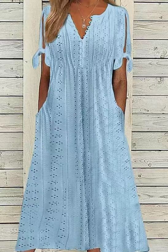 Women's Casual Loose High Waist Embroidered Solid Color Dress