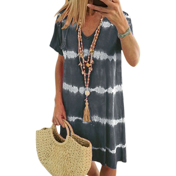 Women's Summer V-Neck Striped Tie-Dye Short Sleeve Dress
