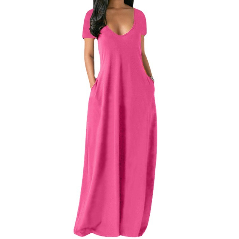 Plus Size Solid Deep V-Neck Short Sleeve Long Dress