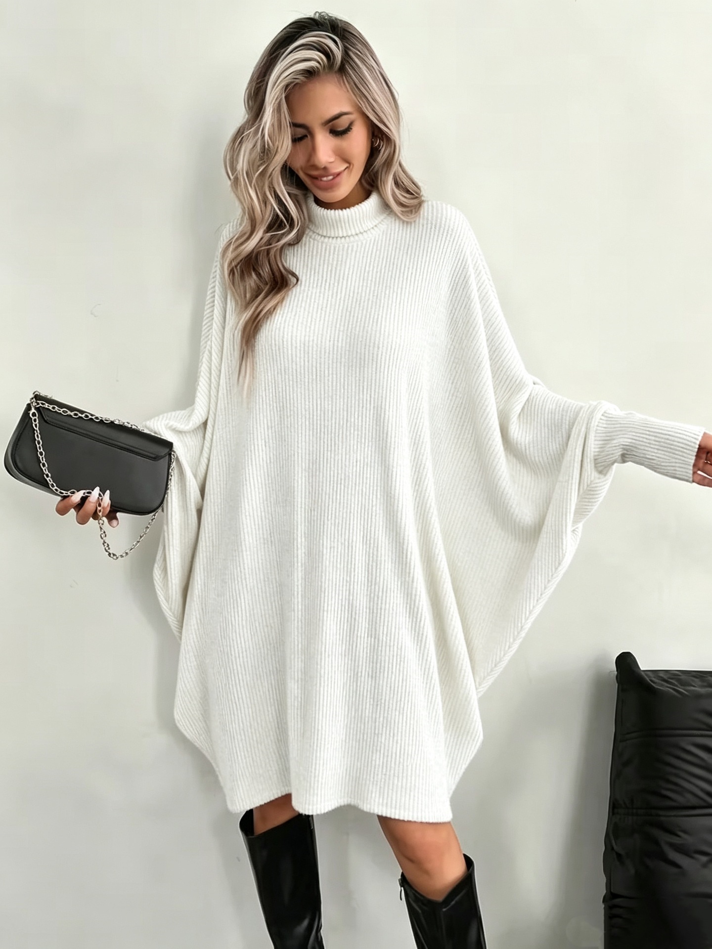 Elegant Loose Batwing Sleeve Turtleneck Long Sleeve Dress Gray Cape Coat