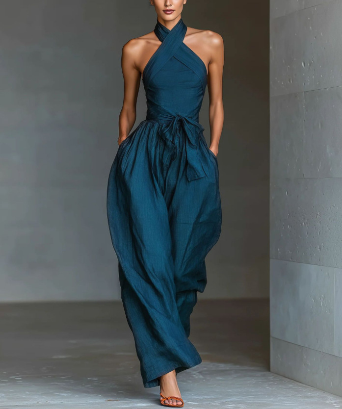 Women's Linen Sleeveless Halter Cross-Tie Wide-Leg Jumpsuit