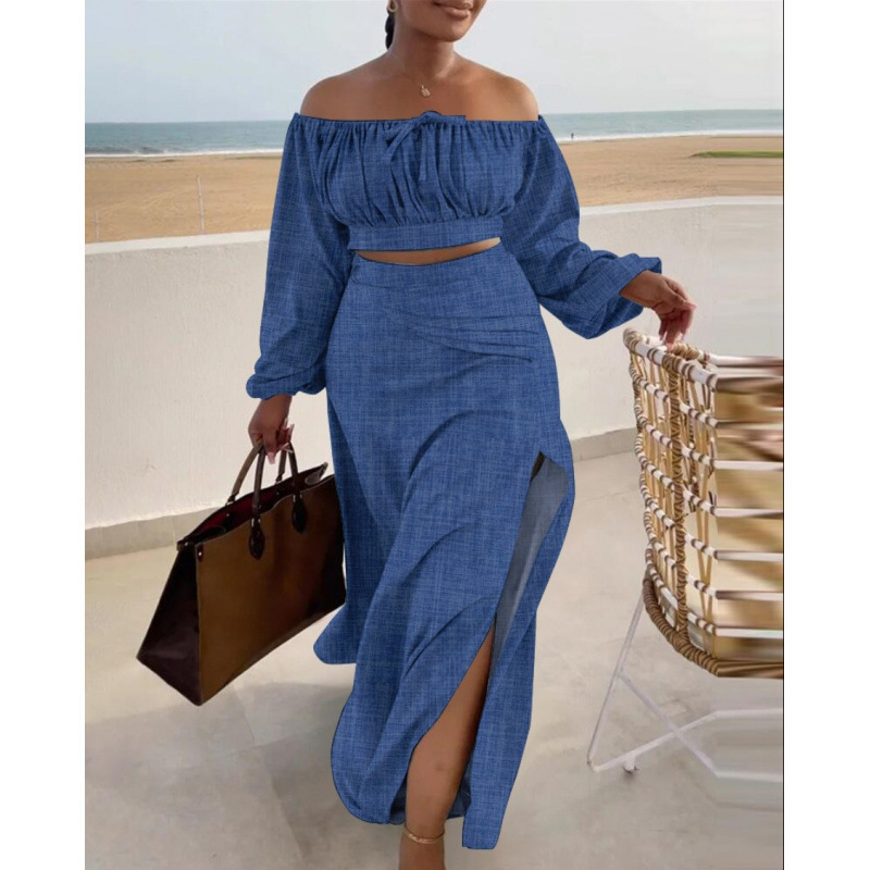 Off-Shoulder Slit Dress Set with Printed Top