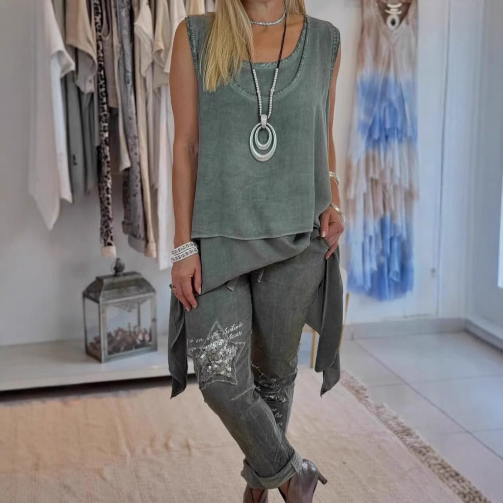 Solid Color Sleeveless Tank Top with Long Hem and Two-Piece Set
