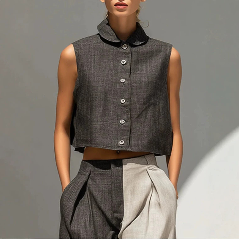 Women's Casual Retro Colorblock Sleeveless Top and Wide-Leg Pants Set
