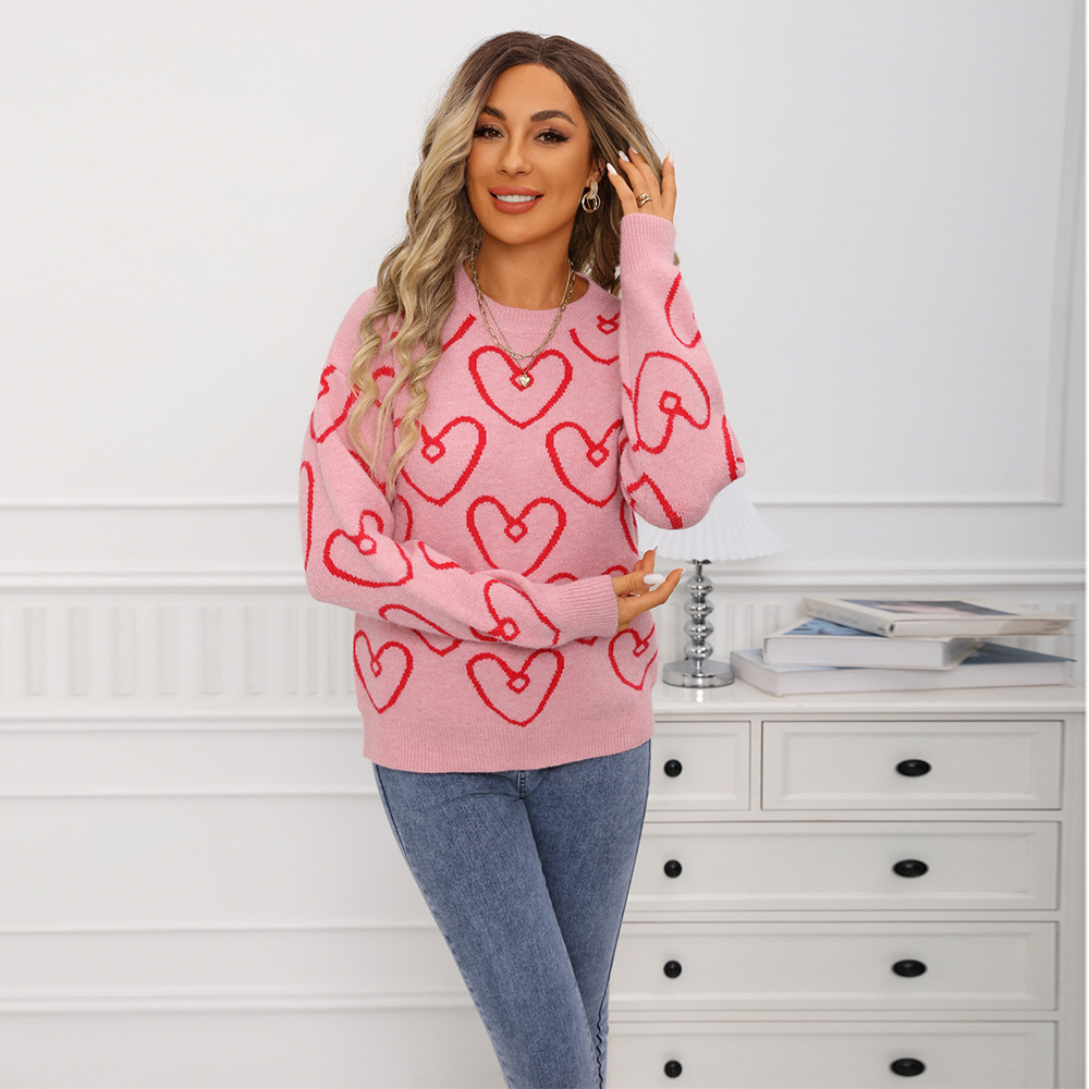 Women's Heart Colorblock Crewneck Knit Sweater Loose Pullover
