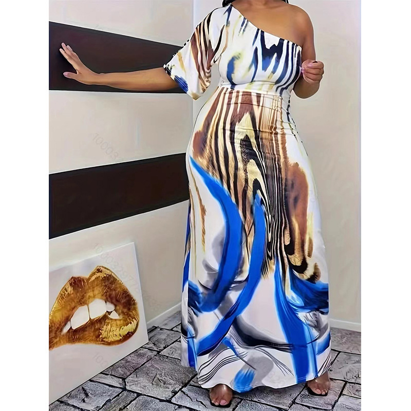 Elegant Cream Floral One-Shoulder Cutout Maxi Dress
