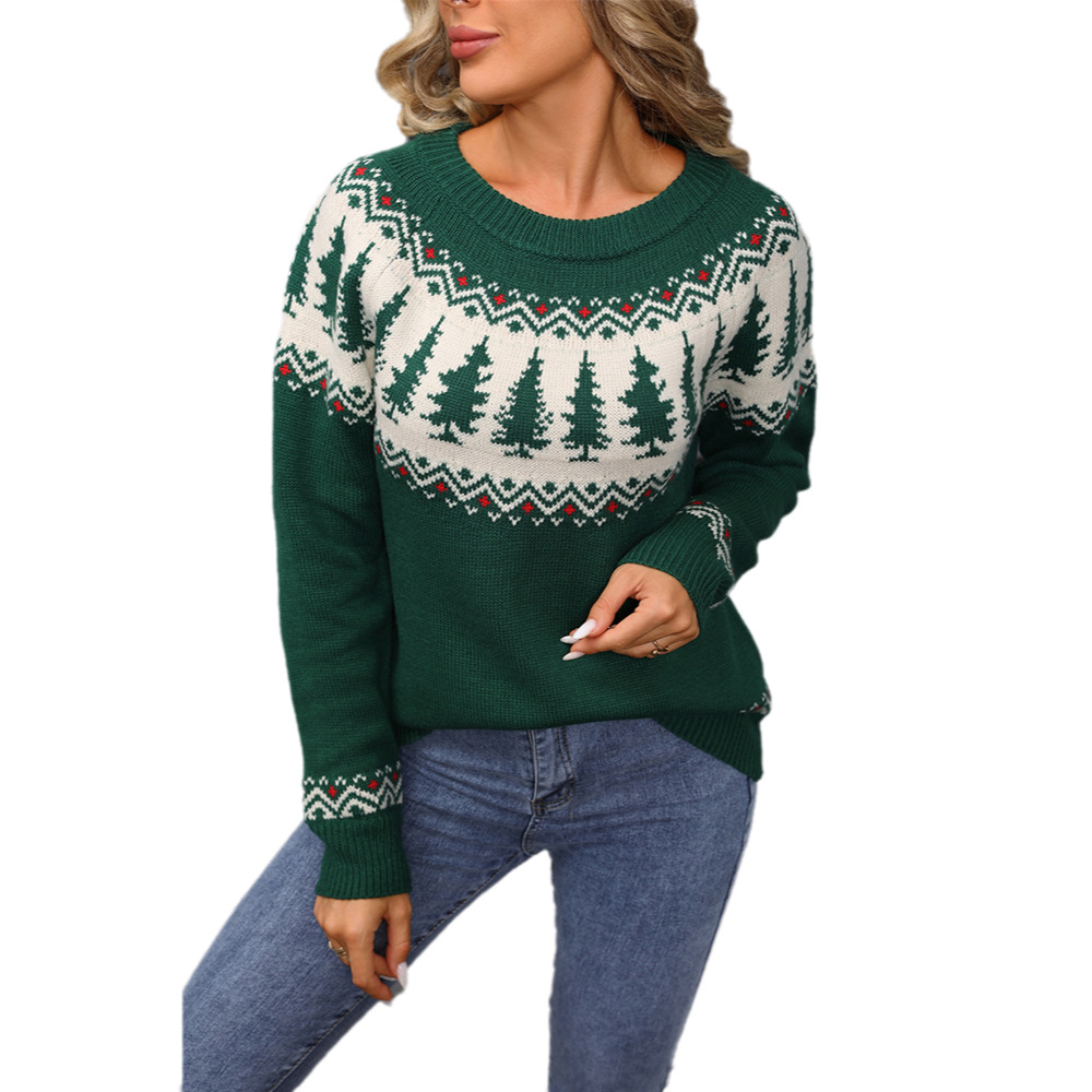 Christmas Tree Jacquard Crewneck Pullover Sweater Green