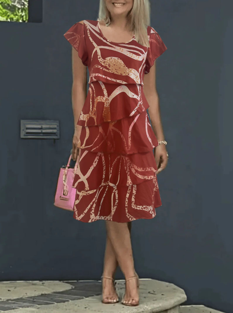 Summer Print Dress Round Neck Ruffle Sleeve Patchwork Women's Dress