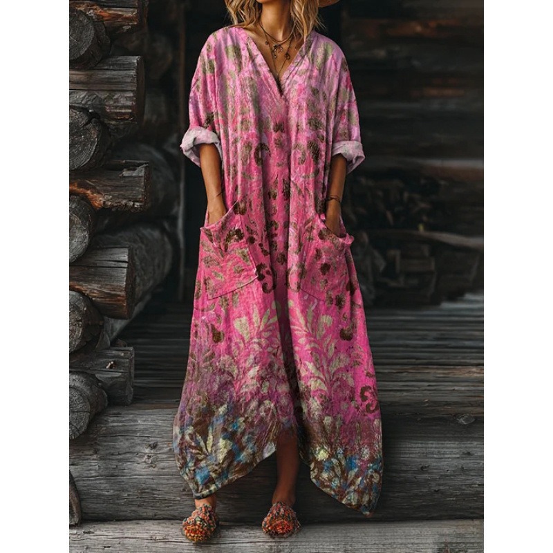 Women's Floral Ripple Print V-Neck A-Line Midi Dress Long Sleeve