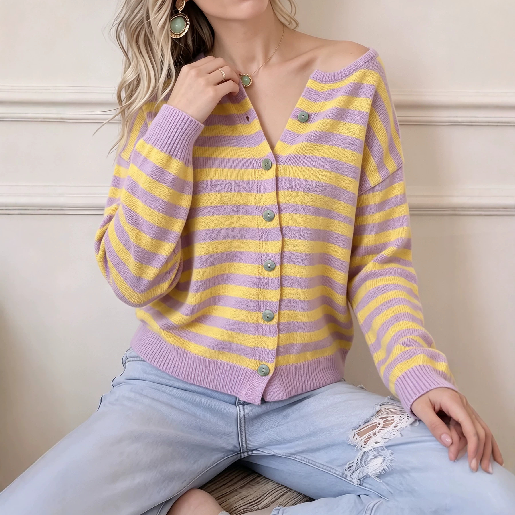 Striped Color-Block Knit Cardigan with Zip and Buttons