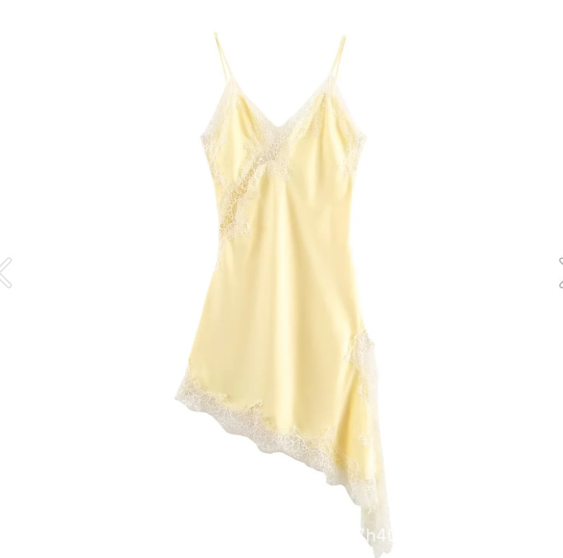 Women's Lace Asymmetric Dress with Deep V-Neck Sleeveless Slim Fit