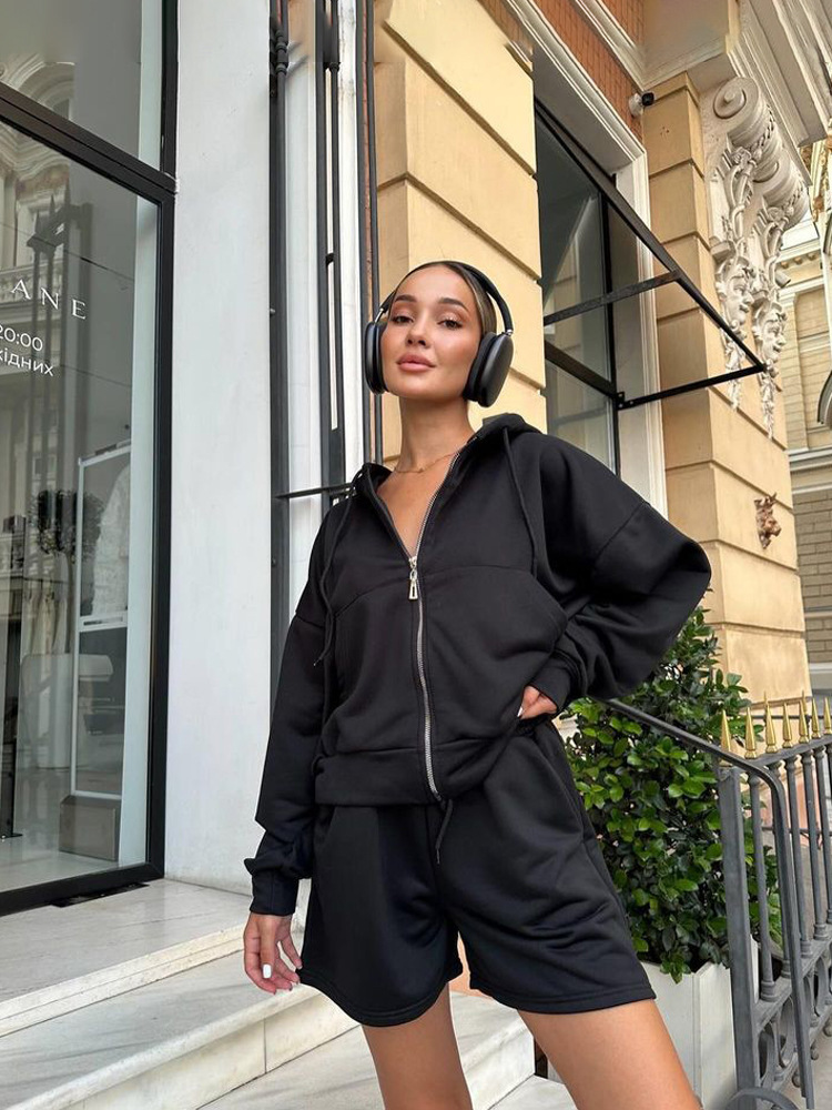 Women's Hooded Sweatshirt and Shorts Two-Piece Set with Large Pockets