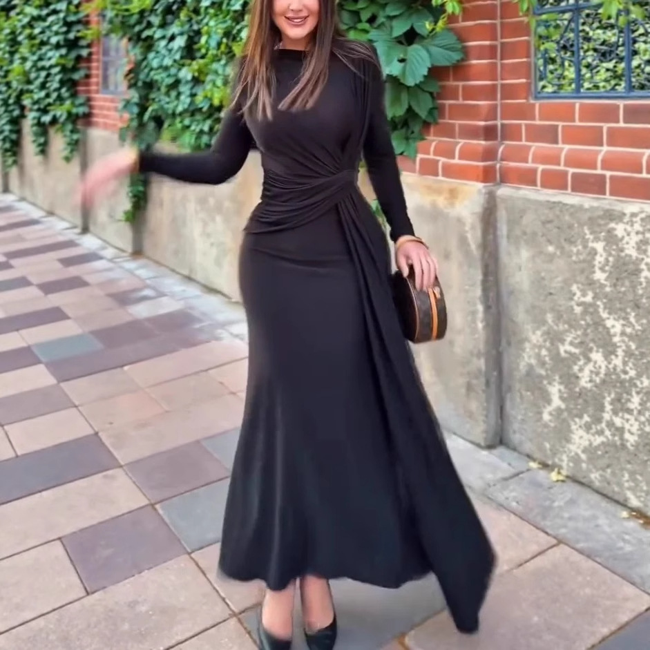 Women's Long Sleeve Crew Neck Solid Color Slim Fit Knot Long Dress