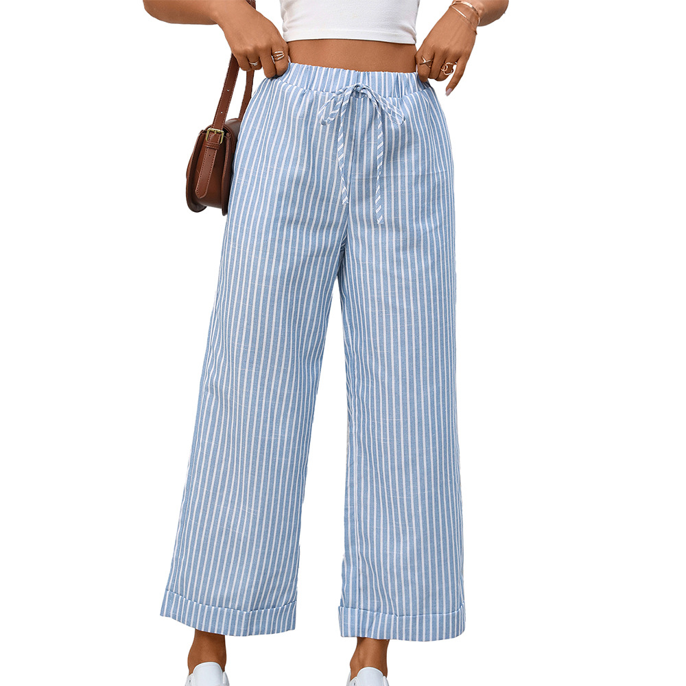 Striped High-Waist Cropped Casual Pants