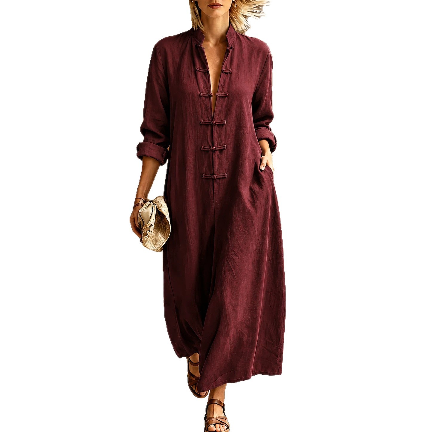 Retro Chinese Frog Button A-Line Dress Long Sleeve Loose Fit