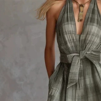 Green Plaid Print Cotton-Linen Sleeveless Jumpsuit