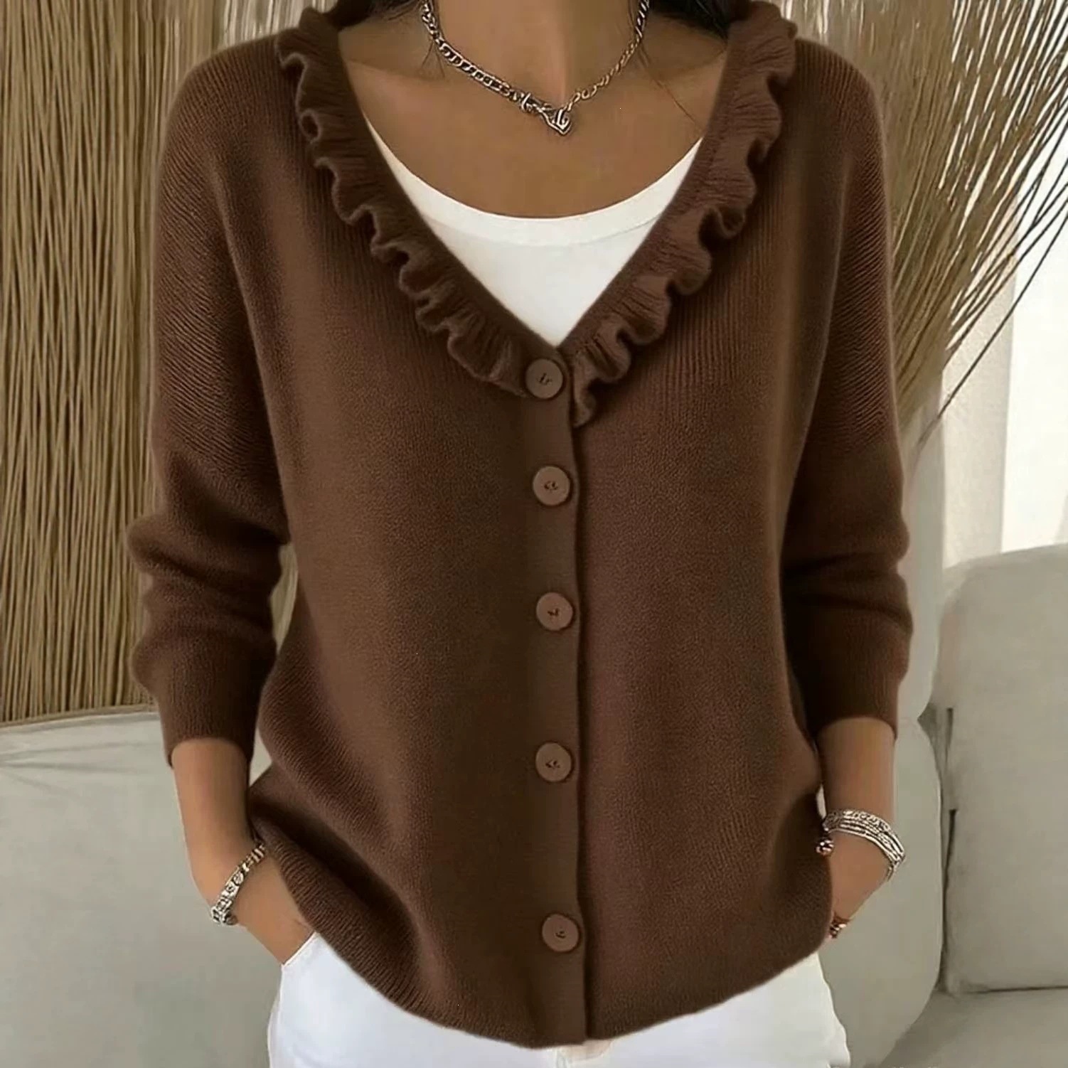 Ruffled Knit Cardigan Single-Breasted Loose Fit Sweater Coat for Women