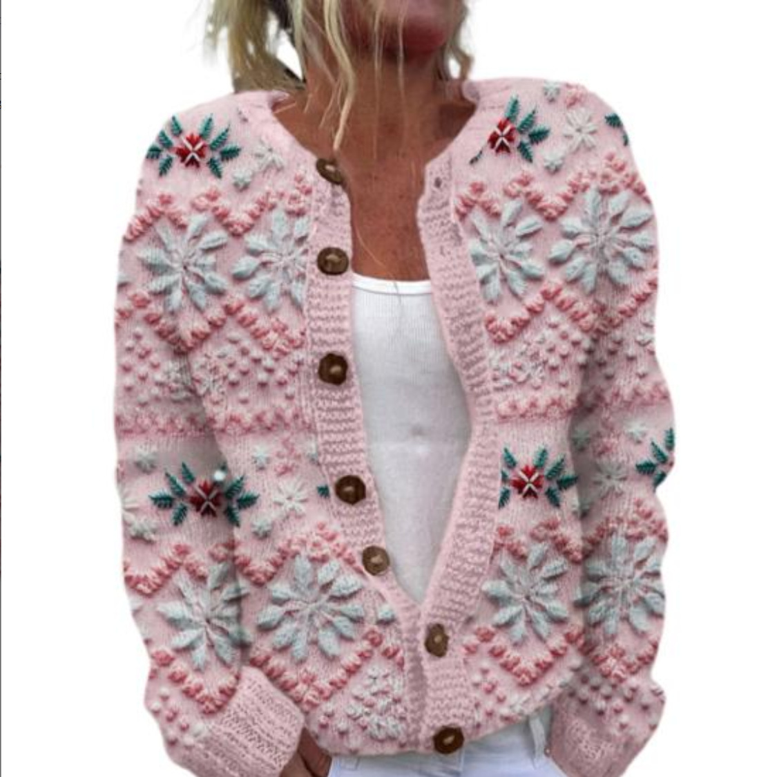 Women's Christmas Snowflake Reindeer Print Button Cardigan Sweater