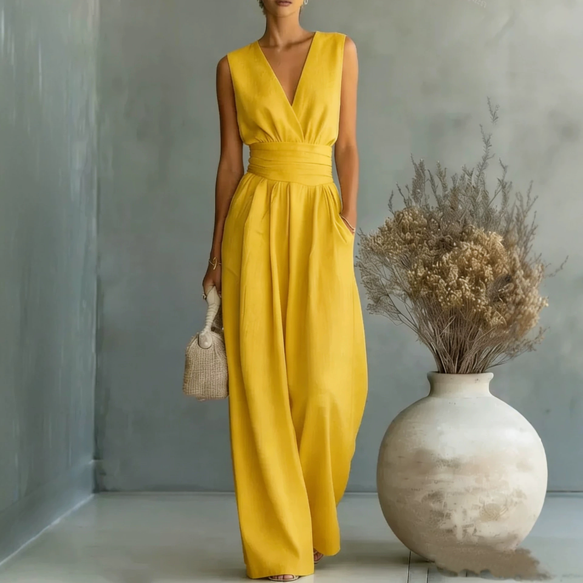 Elegant Sleeveless V-Neck Wide-Leg Jumpsuit with Cinched Waist