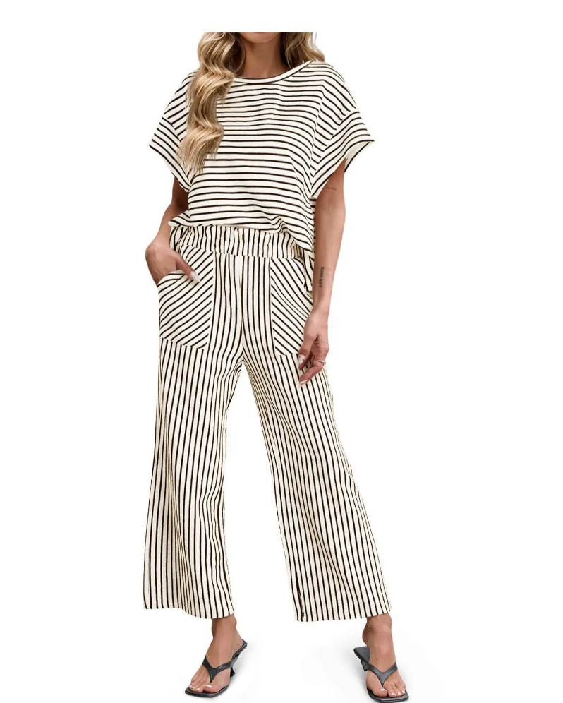Women's Striped Two-Piece Set Short-Sleeve T-Shirt & Wide-Leg Pants with Pockets