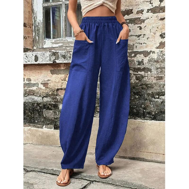 Women's Solid Color Casual Pants with Pockets Elastic Waist Long Trousers