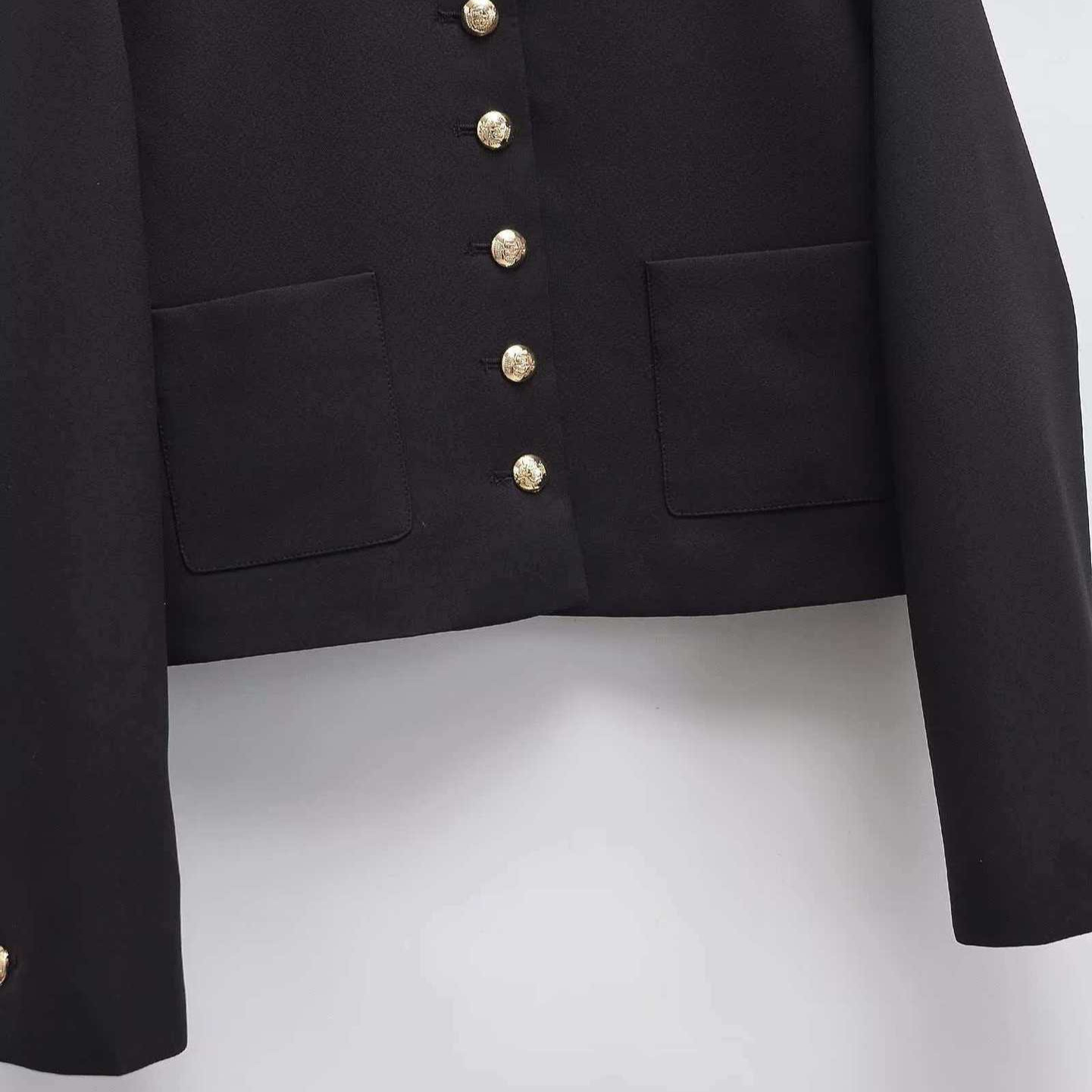 Women's Retro Metal Button Black Jacket