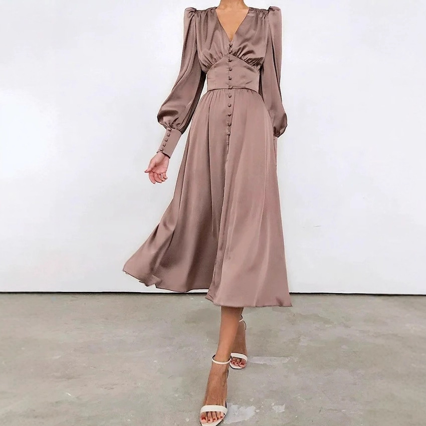 Satin Lantern-Sleeve High-Waist Slimming Long Dress