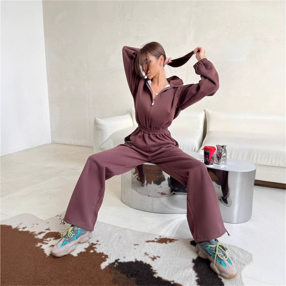 Women's Solid Color Long Sleeve Zip Neck Wide Leg Jumpsuit