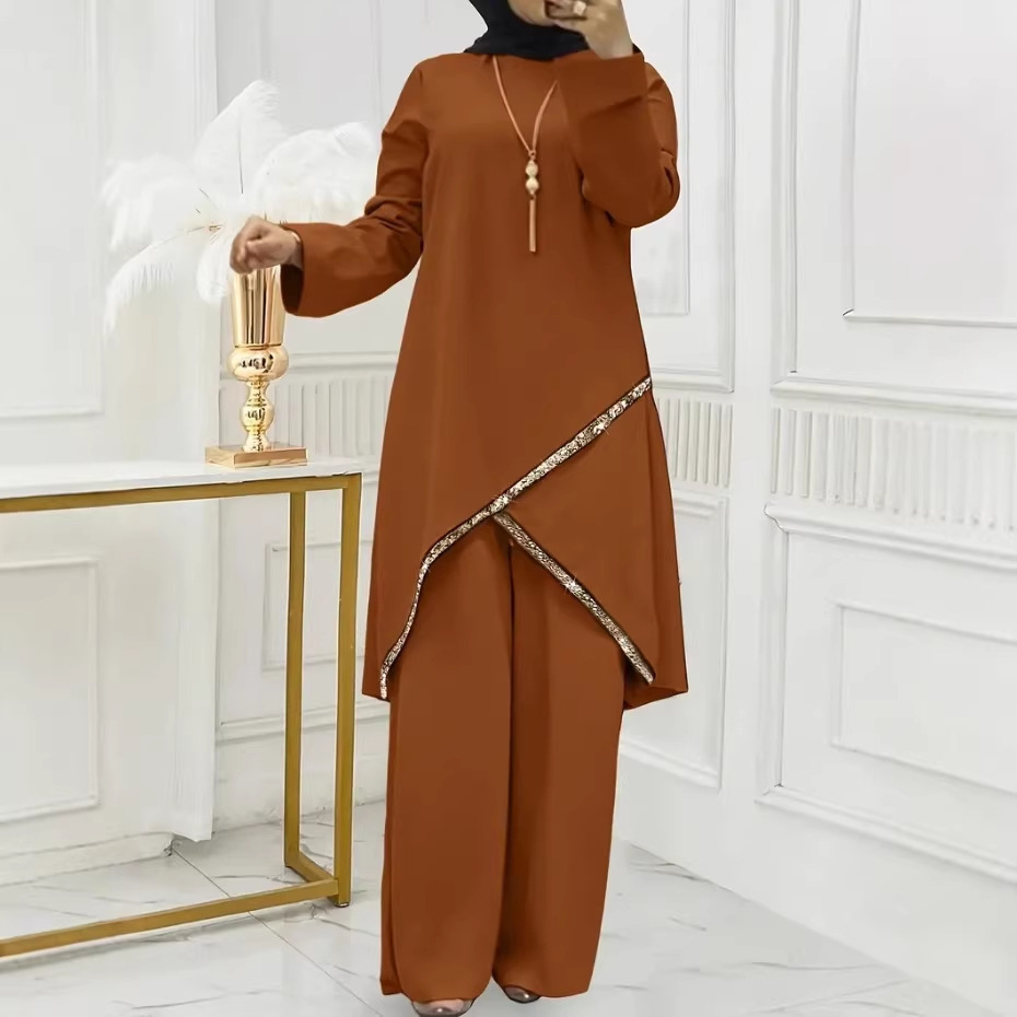 Women's Solid Crewneck Long Sleeve Top and Pants Two-Piece Set with Four-Way Stretch Cotton