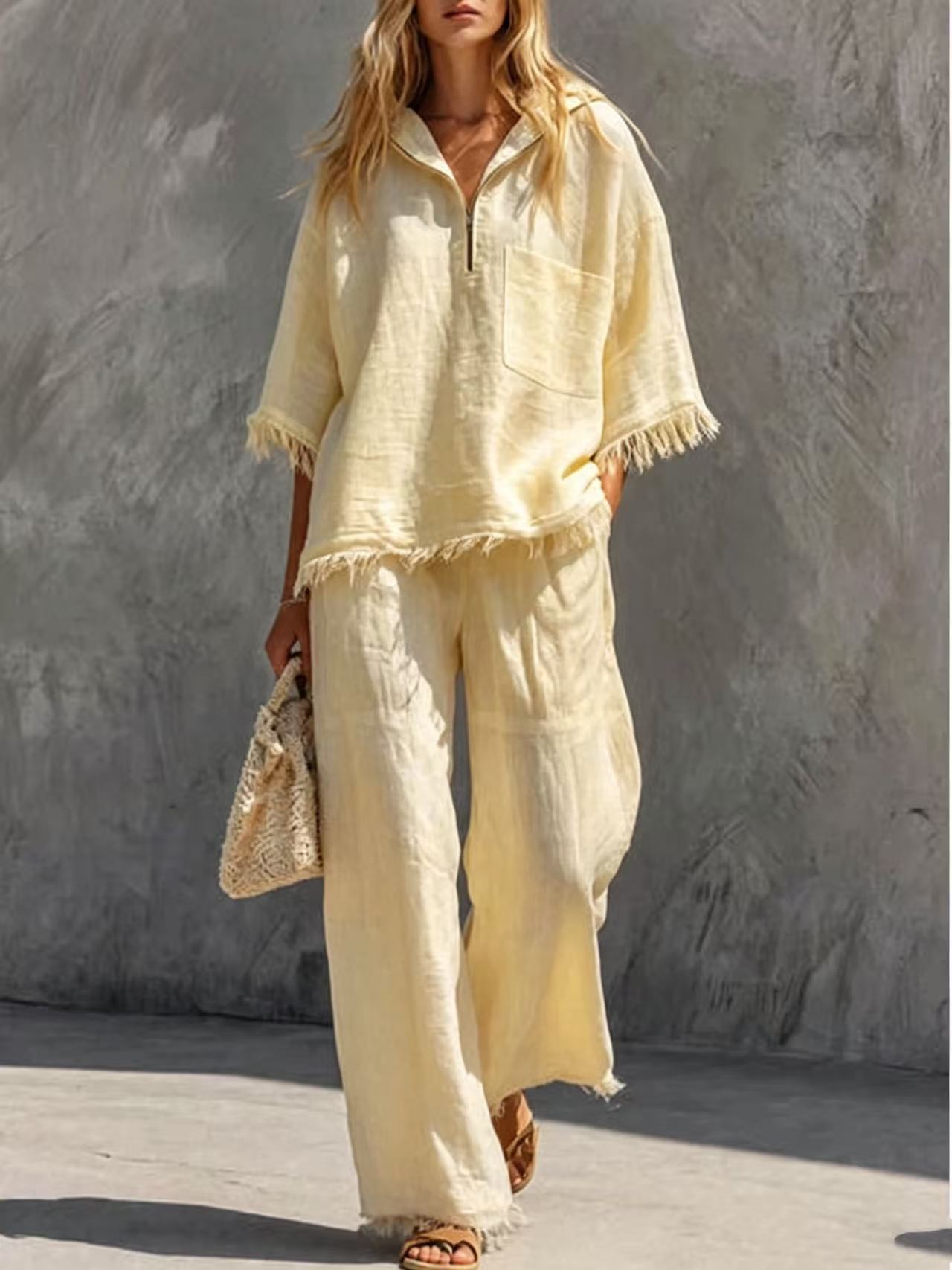 Retro Raw-Edge Fringe Half-Placket Short-Sleeve Top & Wide-Leg Pants Set