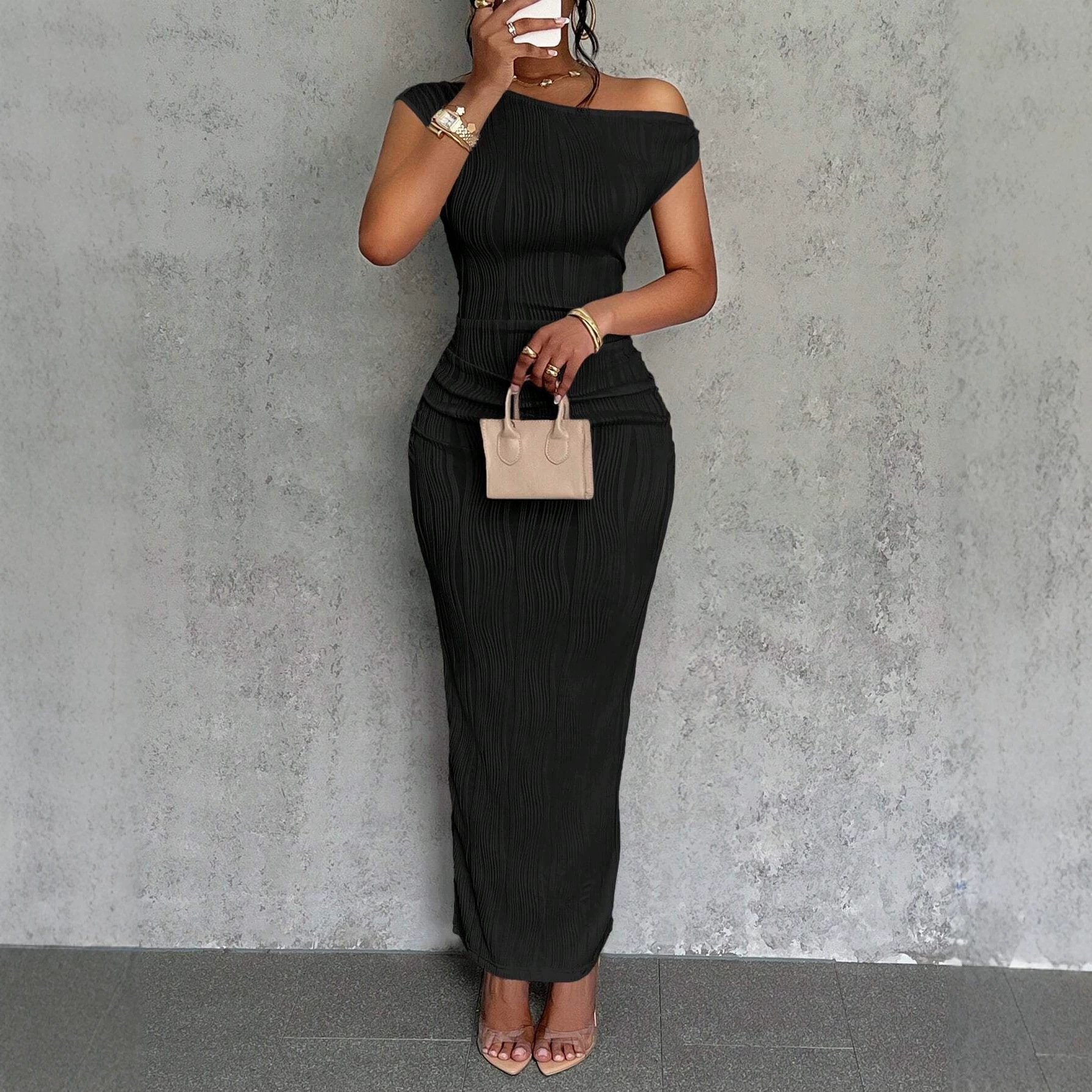 Cute Water Ripple One-Shoulder Dress