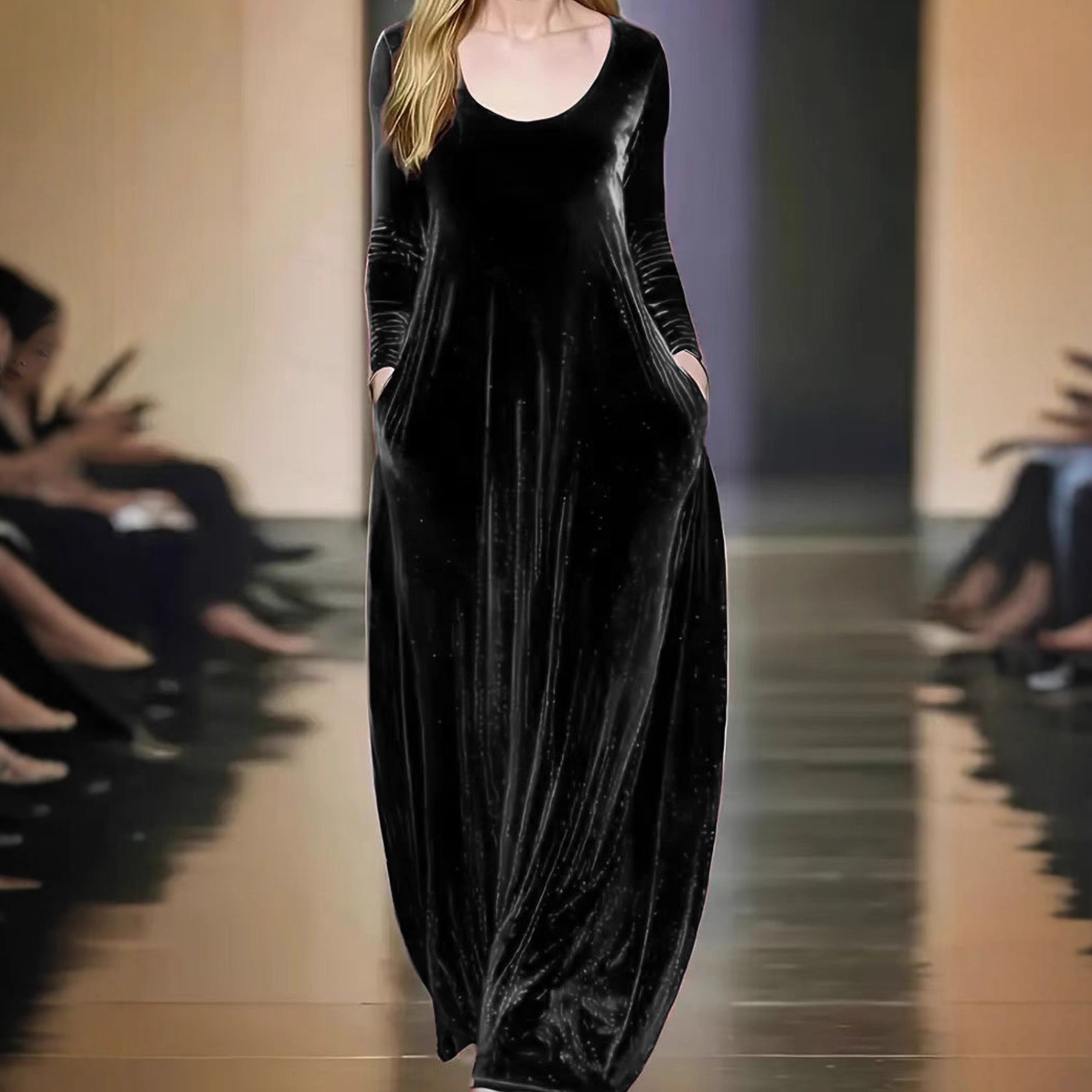 Velvet Long Sleeve Round Neck A-Line Maxi Dress
