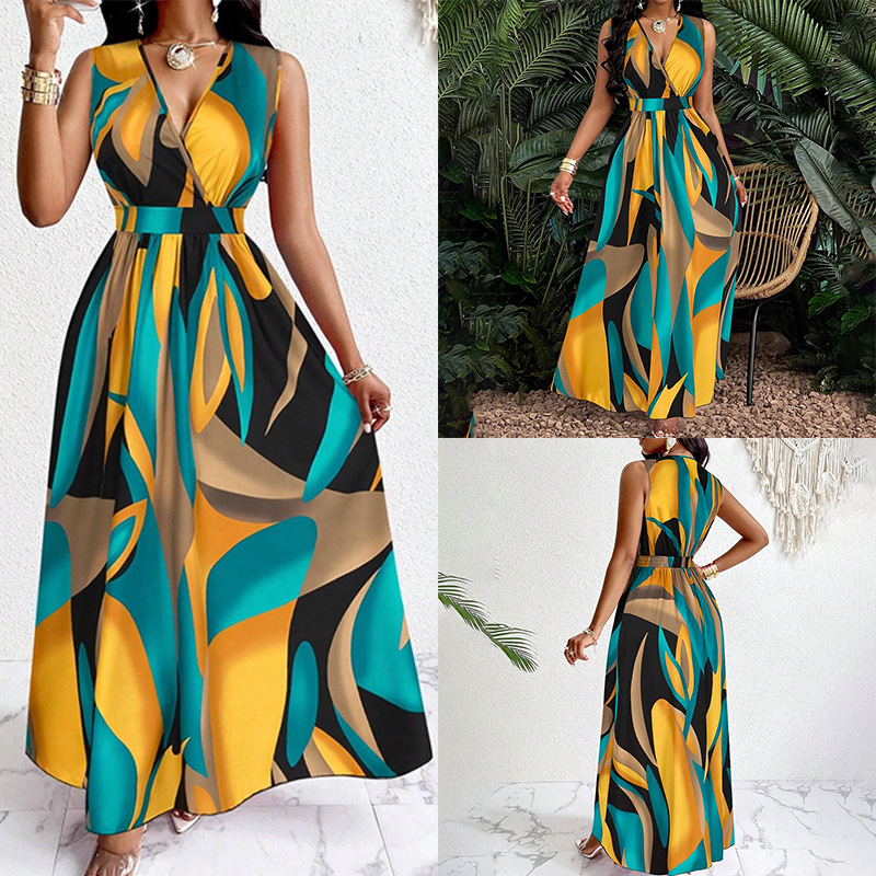 Elegant Floral Print Sleeveless V-Neck A-Line Midi Dress