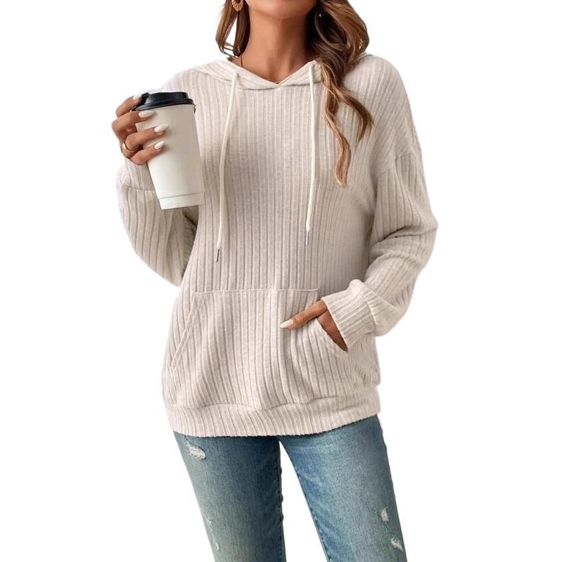Women's Ribbed Knit Hoodie with Kangaroo Pocket