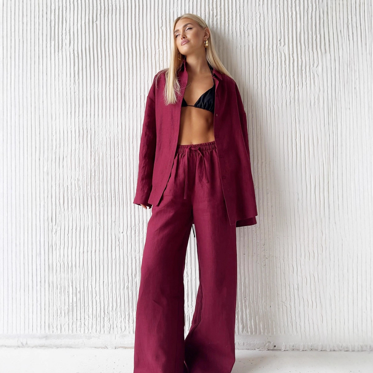 Women's Loose Long Sleeve Shirt and Pants Set Solid Color Casual