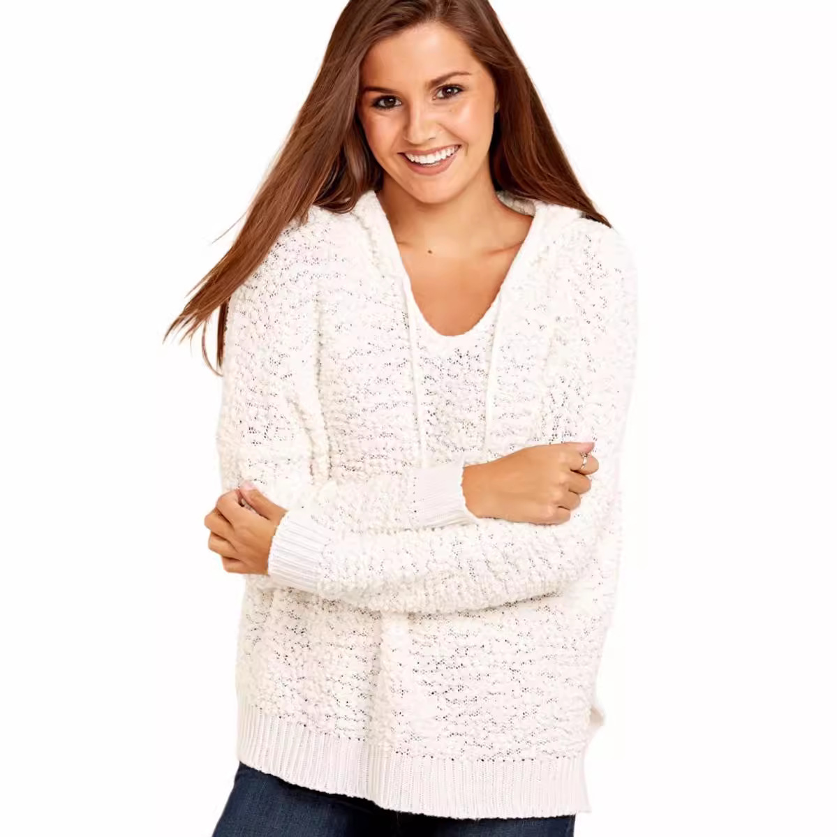 Hooded Pullover Knit Sweater with Hollow-Out Detail