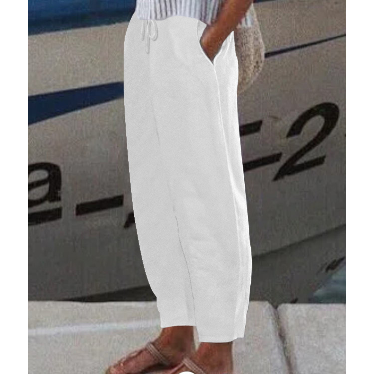 Women's Solid Color Casual Cotton Linen Pants with Elastic Waist