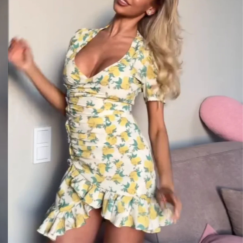 Sweet V-Neck Floral Ruffle Dress