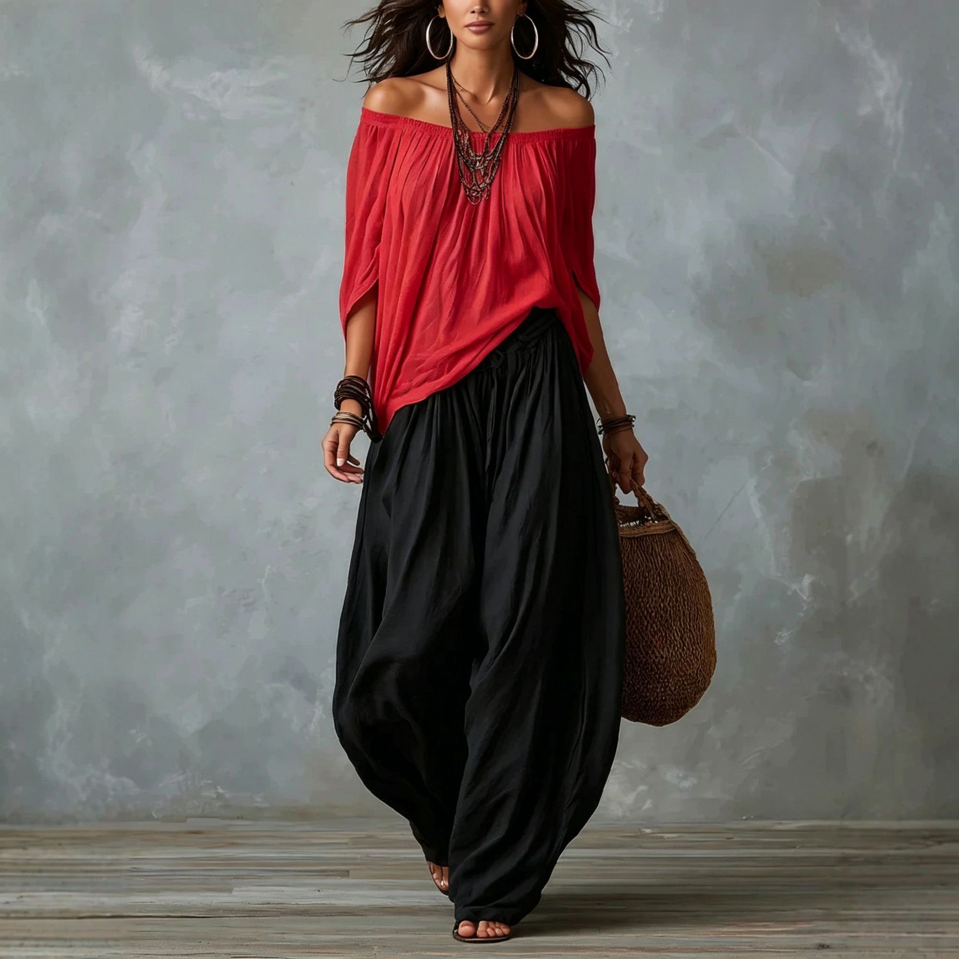 Women's Off-Shoulder Top and Wide-Leg Pants Set Casual Two-Piece Outfit