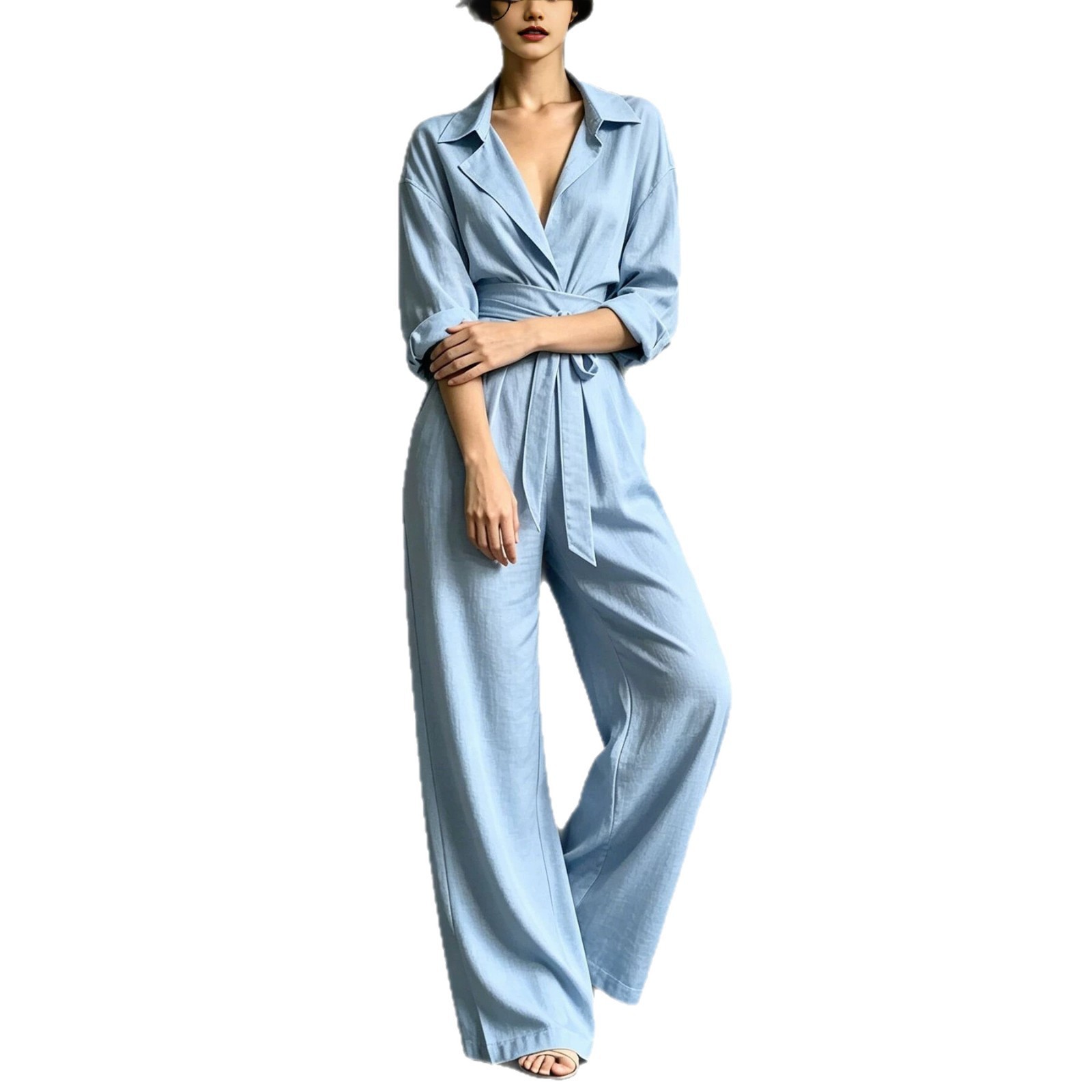 Solid V-Neck Long Sleeve Wide Leg Jumpsuit