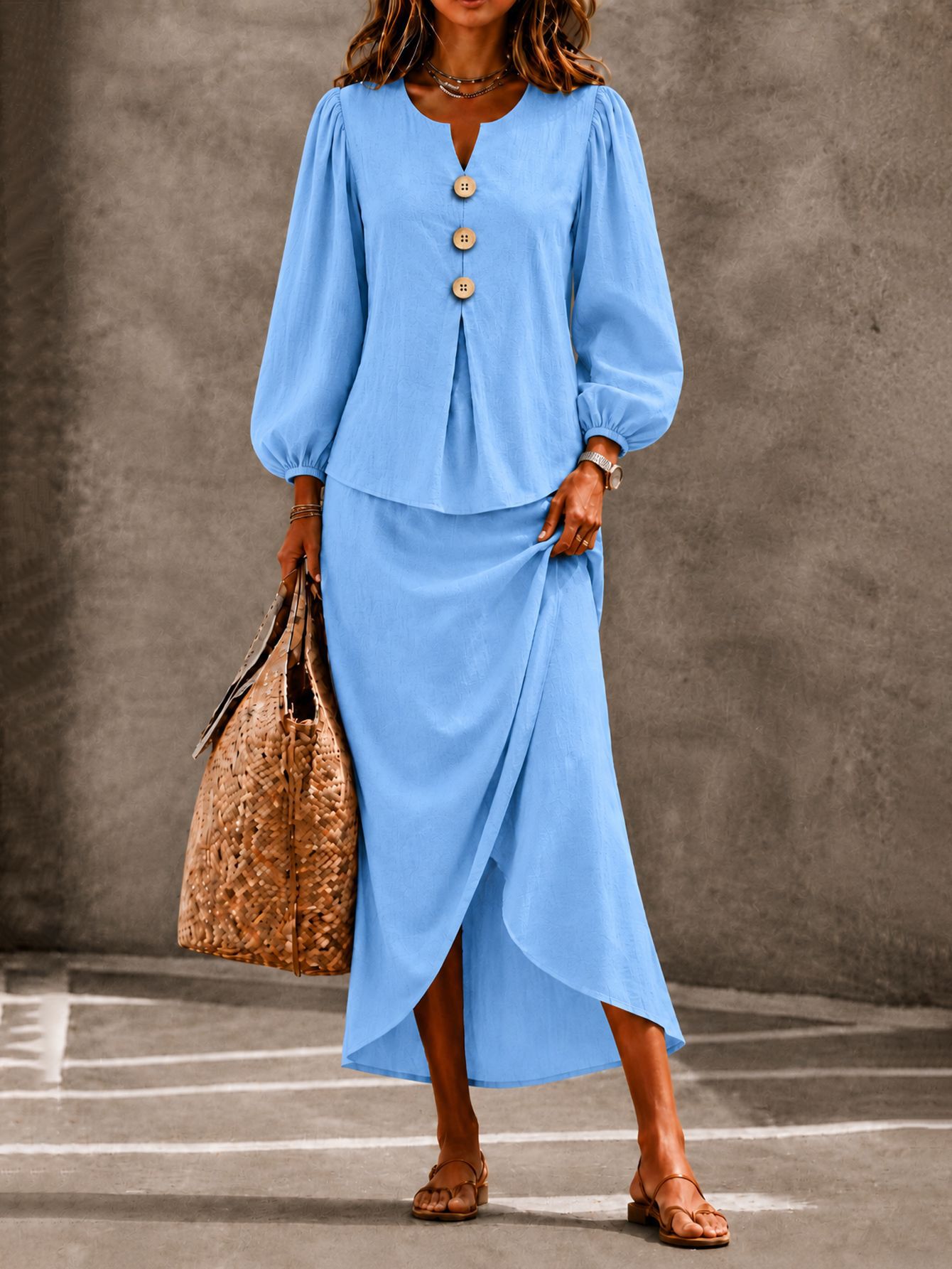 Women's Two-Piece Set with Round-Neck Button Top and Lantern Sleeves, Long Skirt