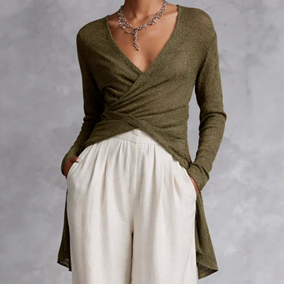 Women's Long Sleeve V-Neck Cross Waist Top and Pants Set