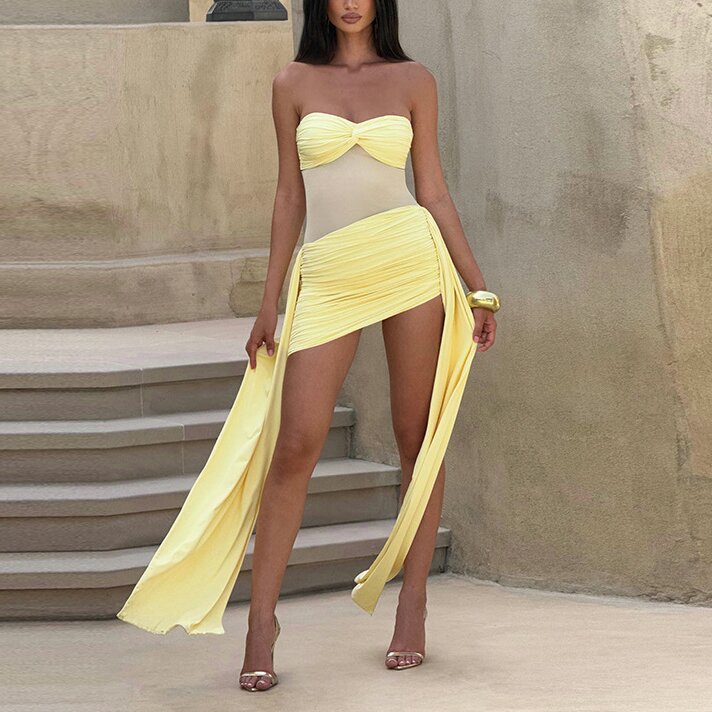 Mesh Paneled Strapless Bodycon Dress with Ribbon Accent