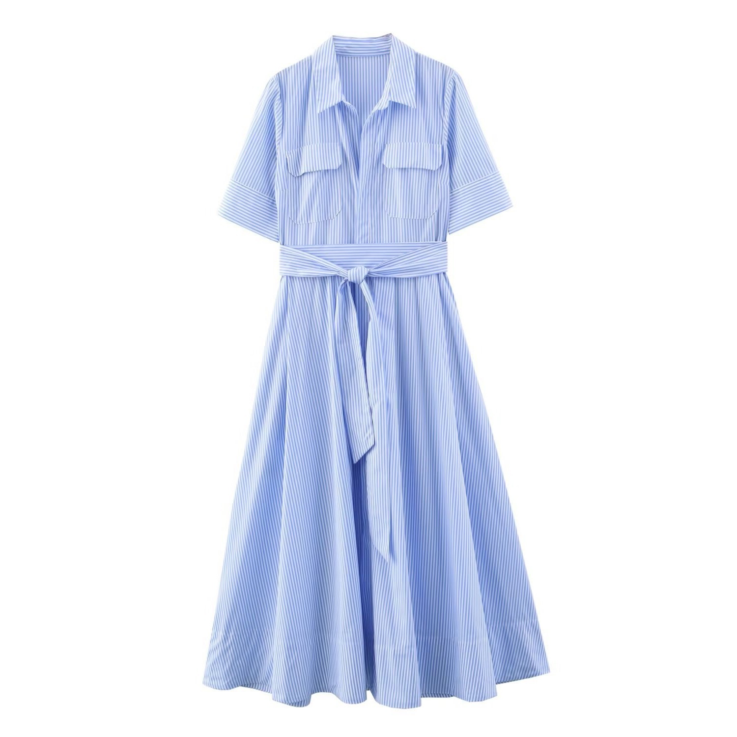 Women's Poplin Shirt Dress with Blue Stripes, Short Sleeve, High Waist A-Line