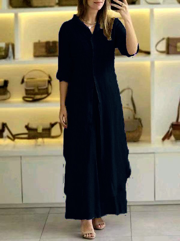 Women's Cotton-Linen Fitted Waist Long-Sleeve Shirt & Wide-Leg Pants Set