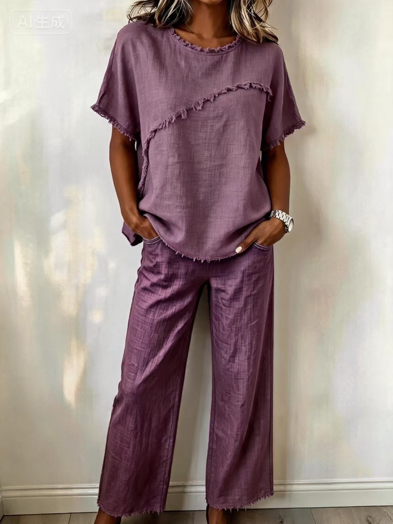 Women's Linen Two-Piece Set with Fringe Short Sleeve Top and Pants