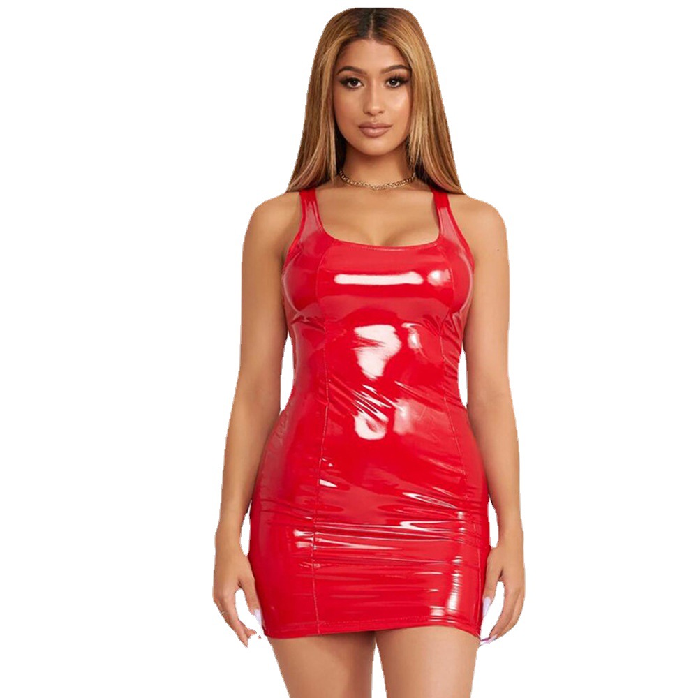Women's Sleeveless Faux Leather Bodycon Mini Dress with Zipper