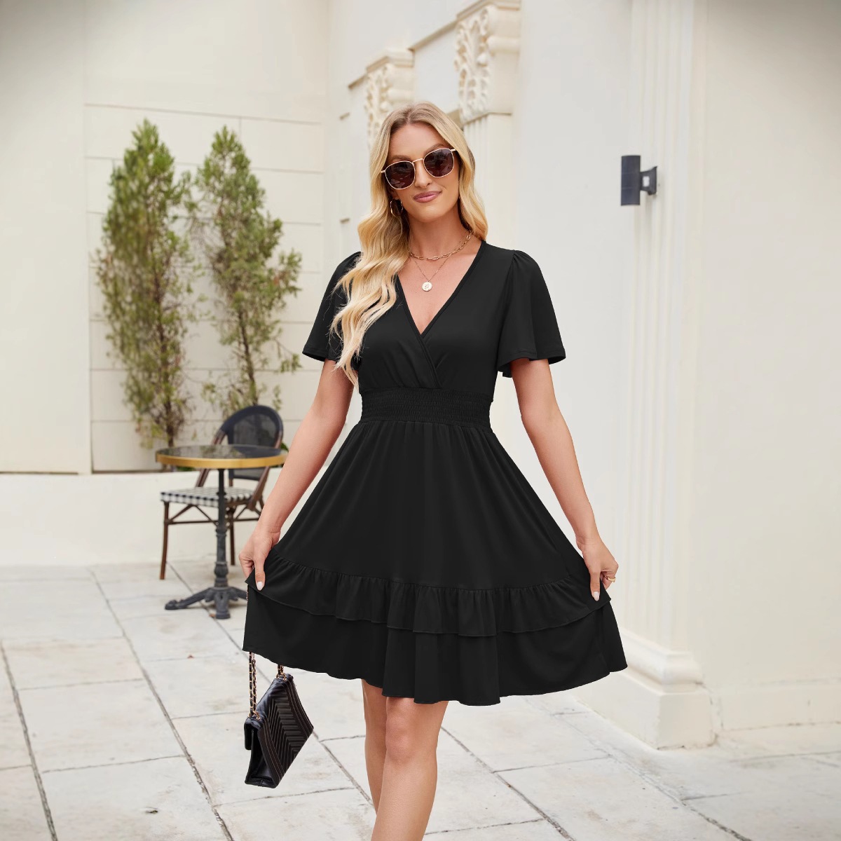 Women's Ruffled Hem Flutter Sleeve Cross V-Neck Dress