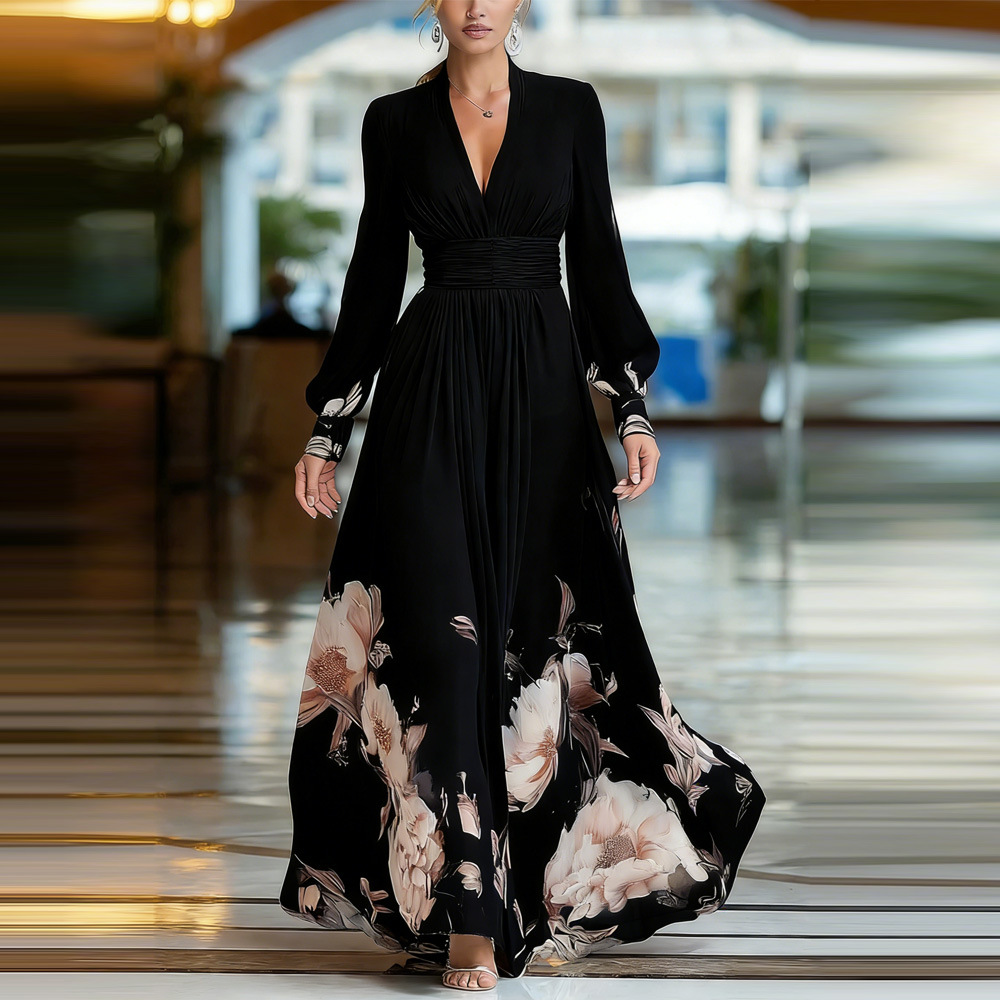 Long Mesh Panel French Slim Fit Floral Print Maxi Dress