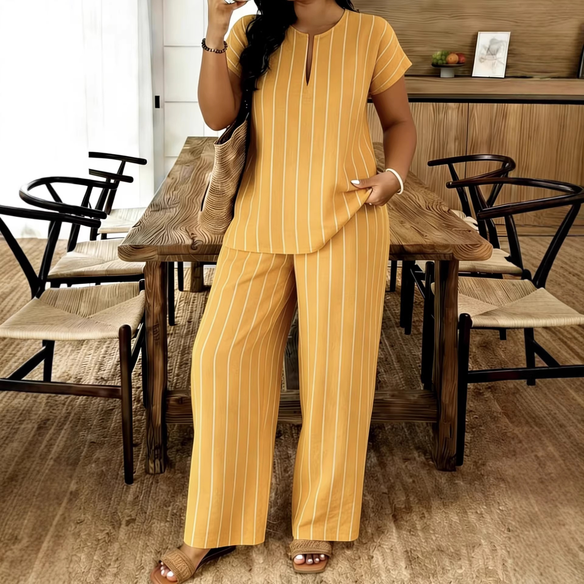 Women's V-Neck Top and Pants Set Casual Striped Two-Piece